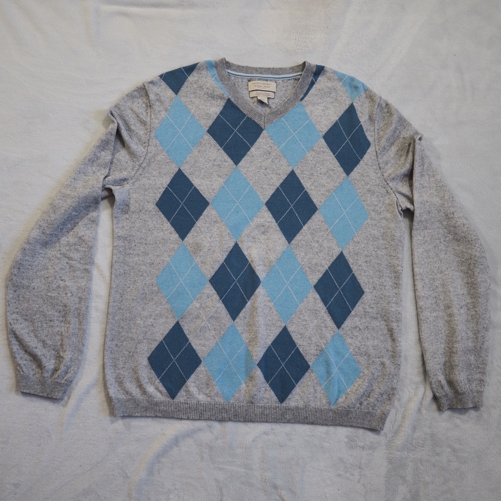 Banana Republic Sz M Gray and Blue Sweater Argyle Pattern Cotton Cashmere Blend